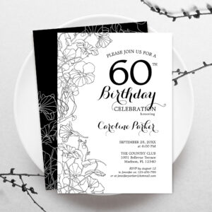 Black White Floral 60th Birthday Party Invitation