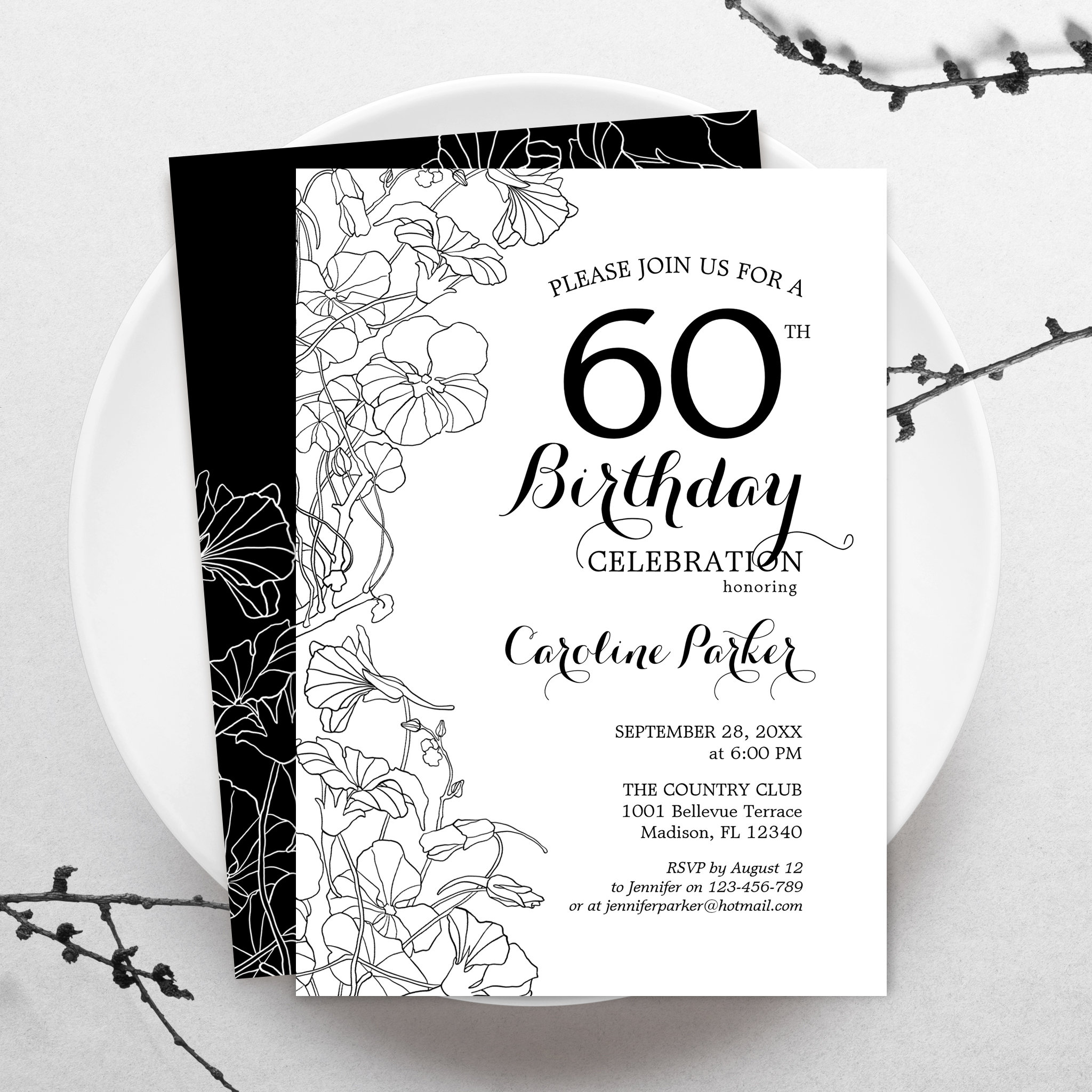 Black White Floral 60th Birthday Party Invitation