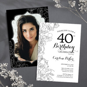 Black White Floral Photo 40th Birthday Party Invitation