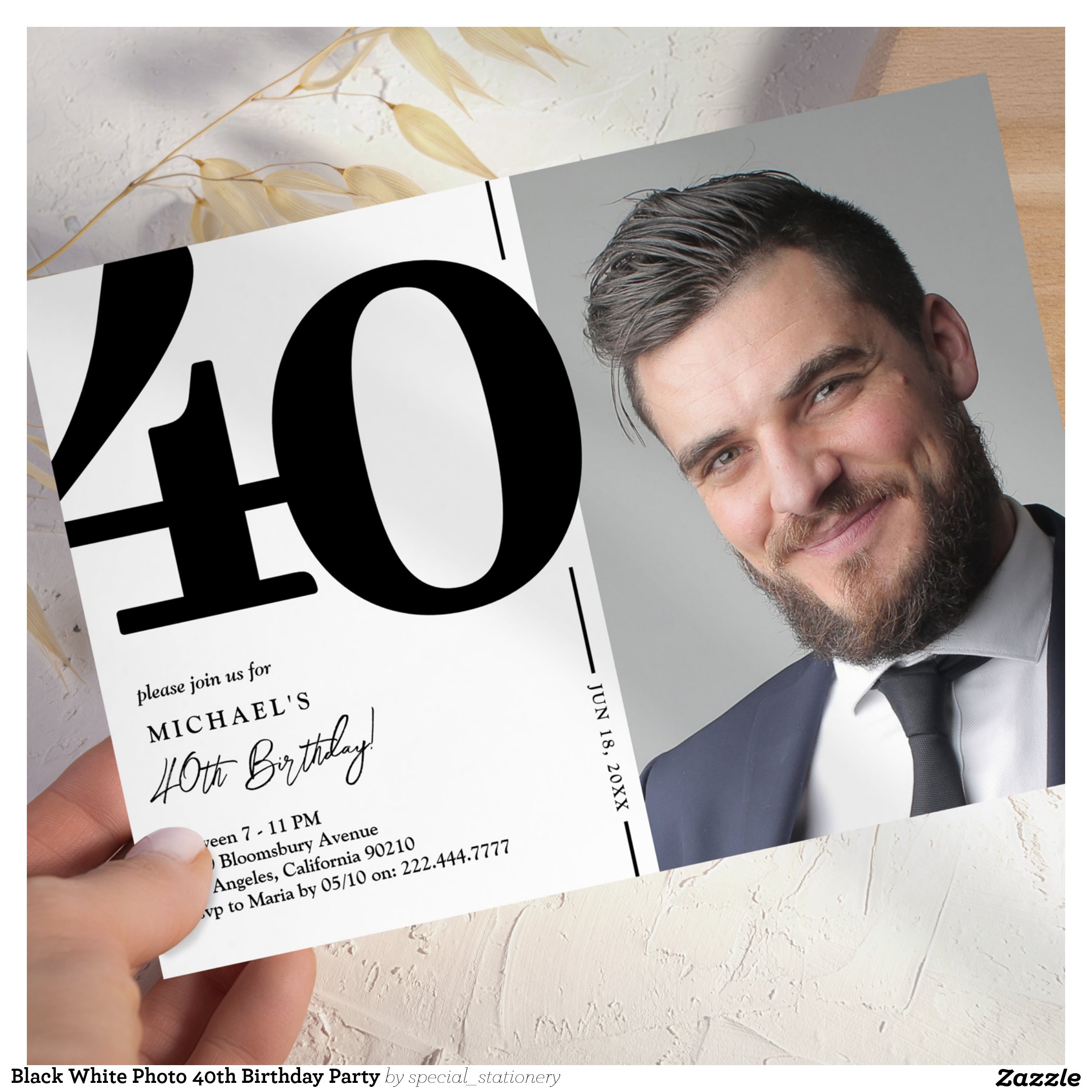 Black White Photo 40th Birthday Party Invitation