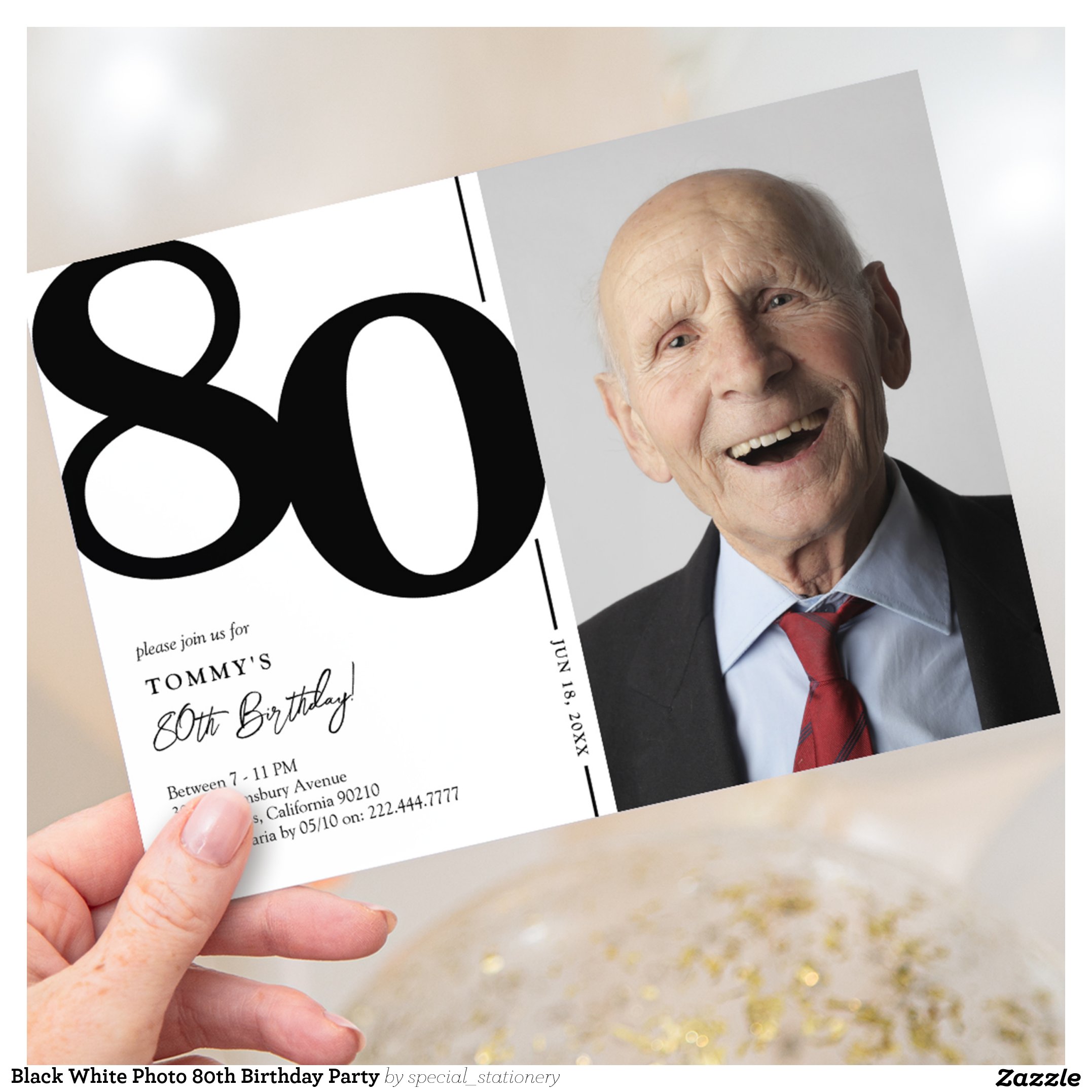 Black White Photo 80th Birthday Party Invitation