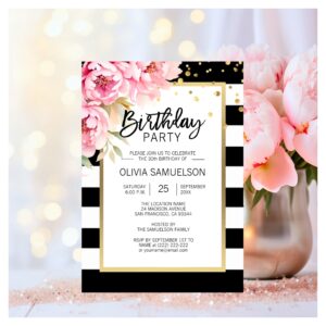 Black White Stripes Pink Peonies Birthday Party Invitation