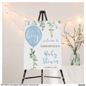 Blue balloon eucalyptus baby shower welcome sign