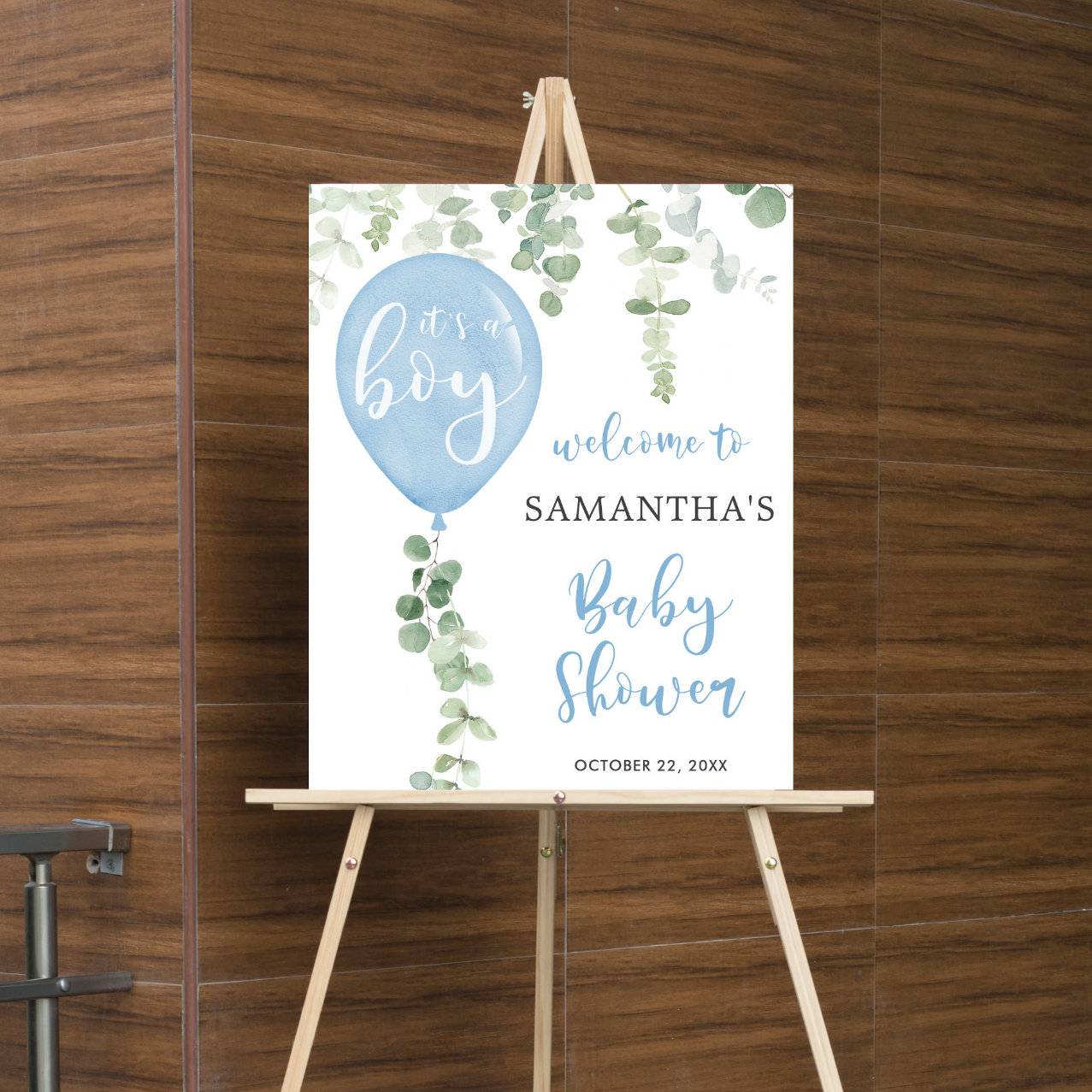 Blue balloon eucalyptus baby shower welcome sign