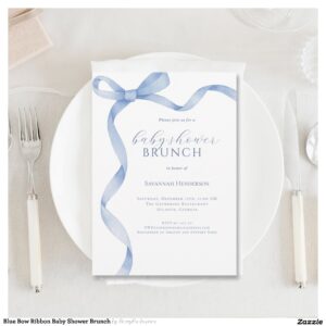 Blue Bow Ribbon Baby Shower Brunch Invitation