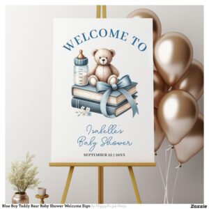 Blue Boy Teddy Bear Baby Shower Welcome Sign