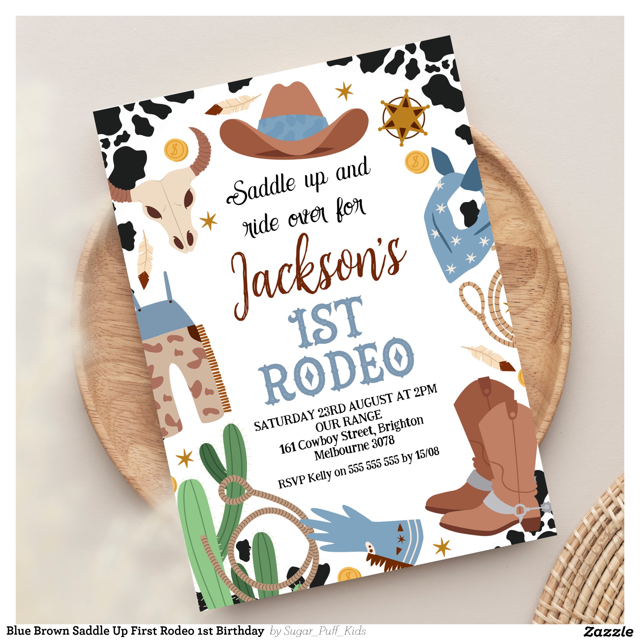 Blue Brown Saddle Up First Rodeo 1st Birthday  Invitation