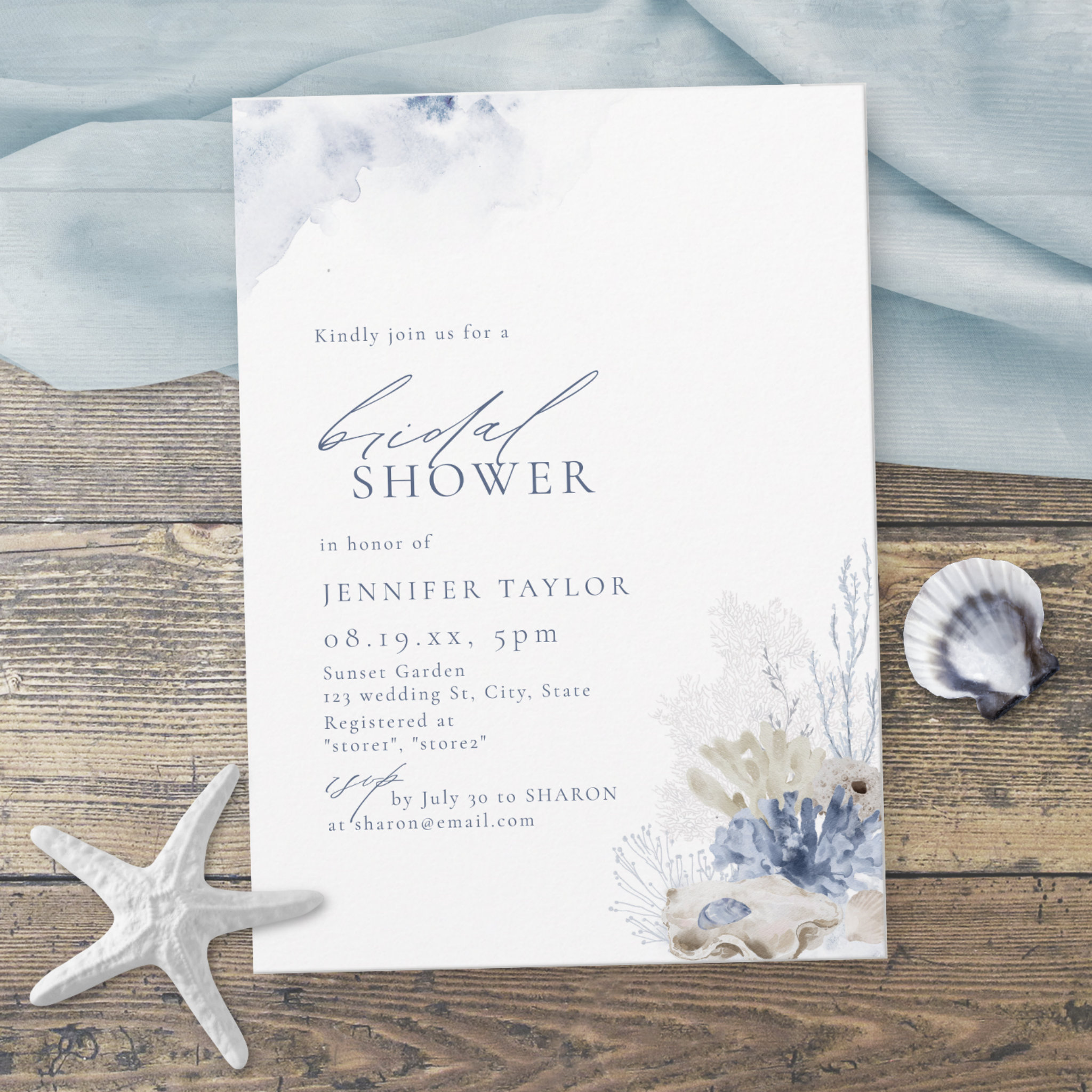 Blue coral & seashells beach themed Bridal Shower Invitation