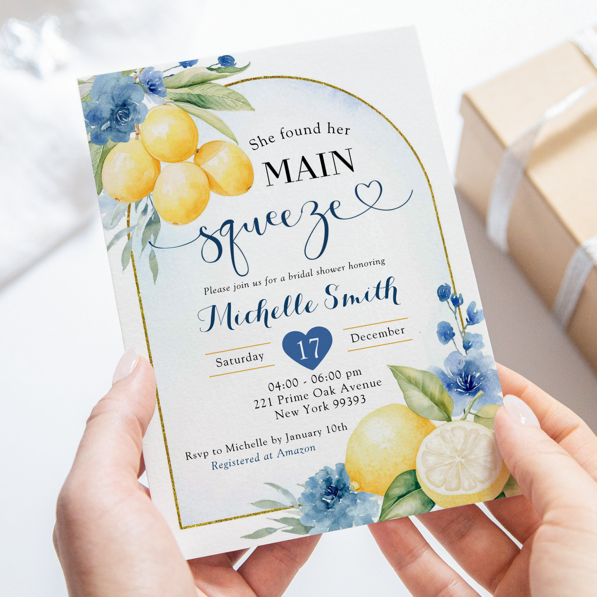 Blue floral Lemon Main Squeeze Bridal shower Invitation