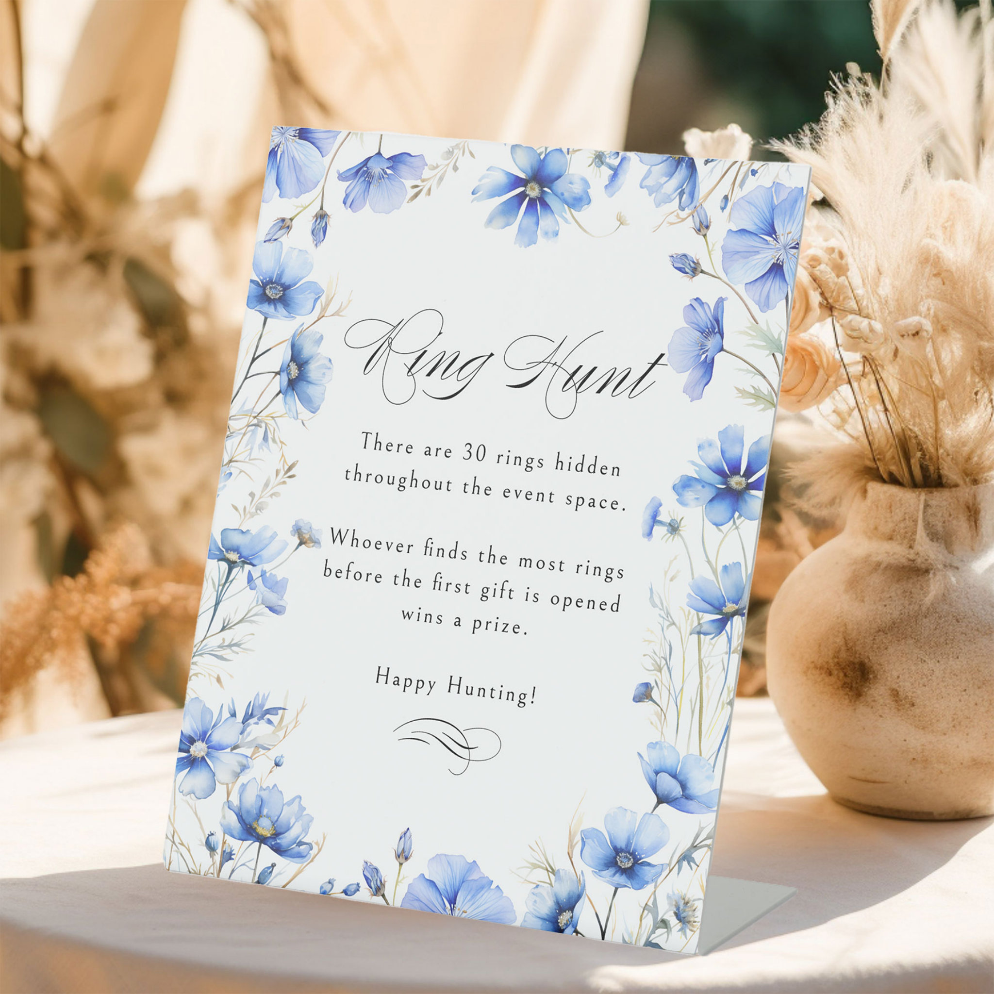 Blue Flowers Floral Bridal Shower Ring Hunt Game Pedestal Sign