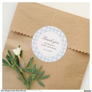 Blue Gingham Boy Baby Shower Classic Round Sticker