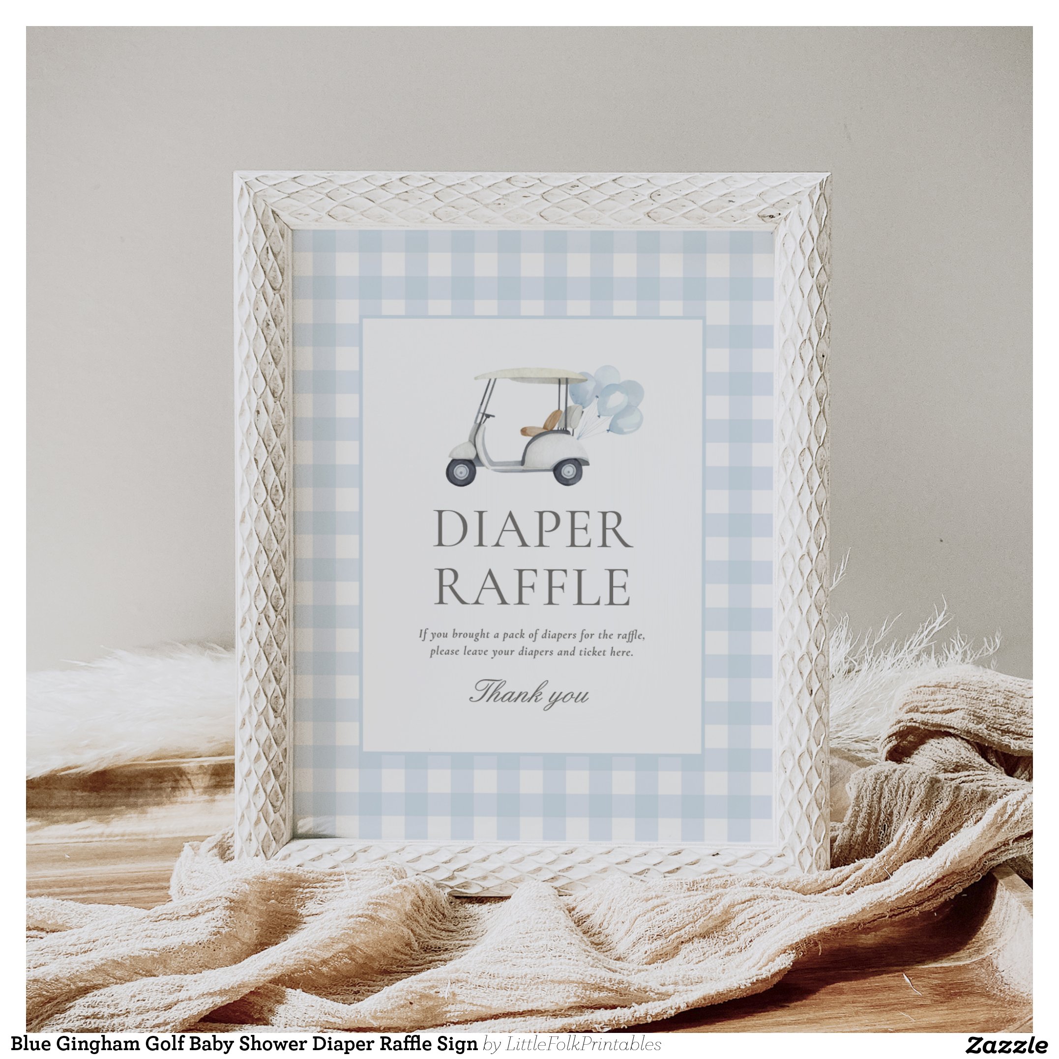 Blue Gingham Golf Baby Shower Diaper Raffle Sign