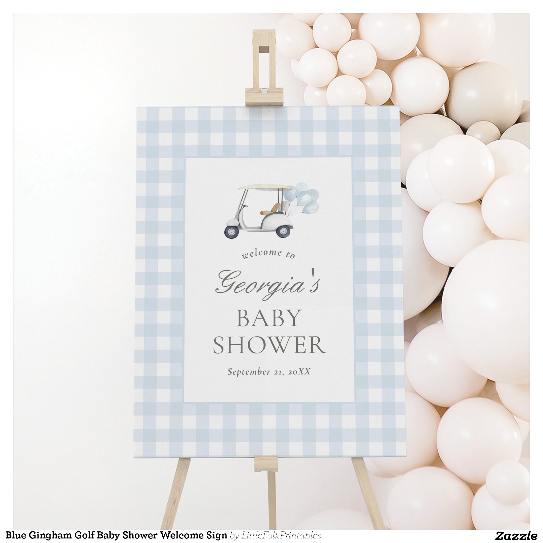 Blue Gingham Golf Baby Shower Welcome Sign