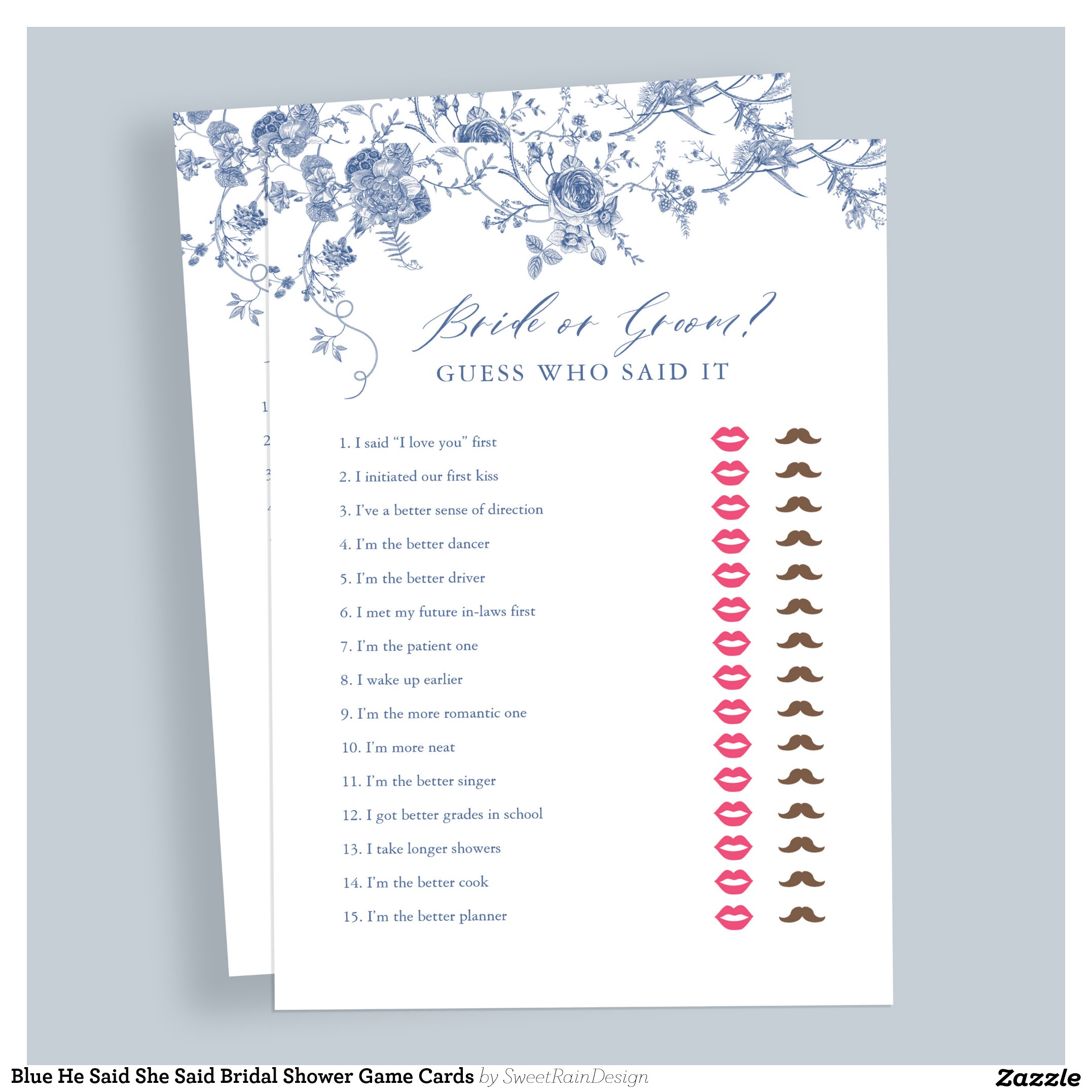 Blue He Said She Said Bridal Shower Game Cards