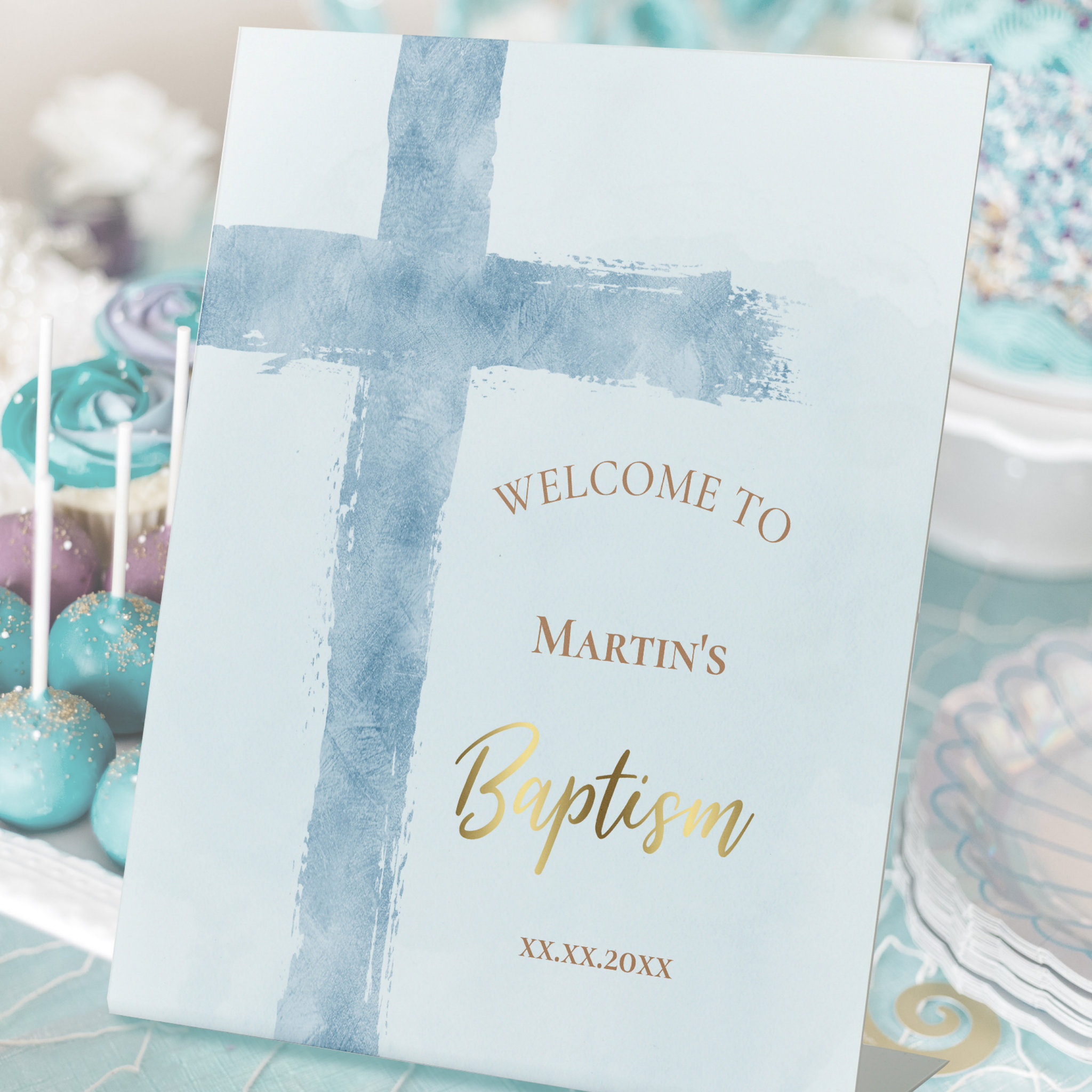 blue Holy Cross Catholic Baptism welcome sign