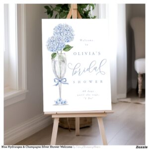 Blue Hydrangea & Champagne Silver Shower Welcome Foam Board