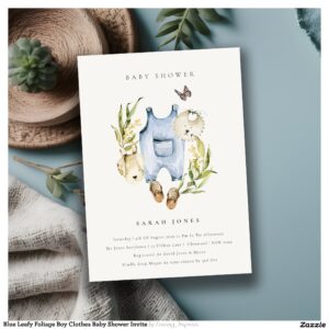 Blue Leafy Foliage Boy Clothes Baby Shower Invite
