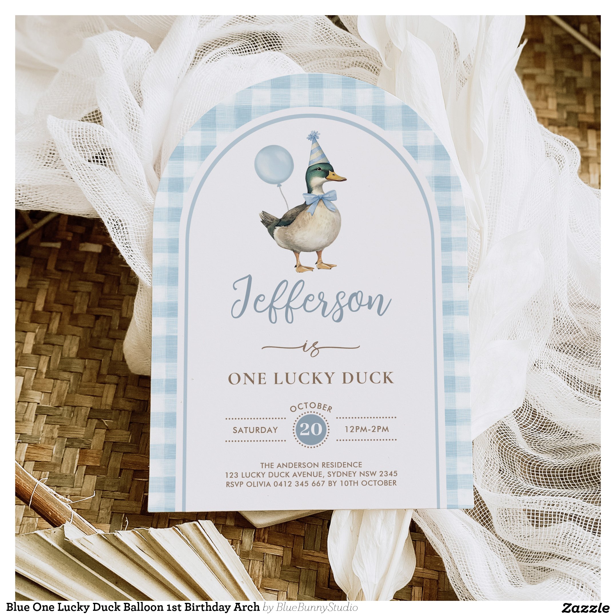 Blue One Lucky Duck Balloon 1st Birthday Arch Invitation