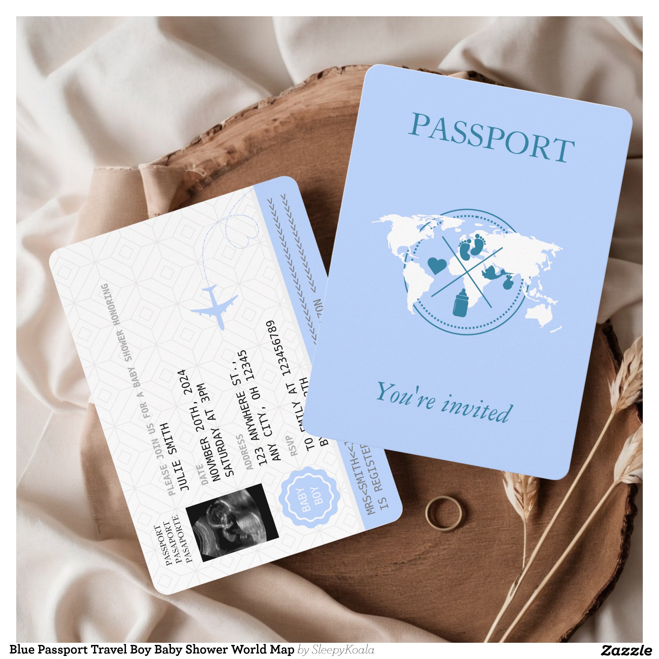 Blue Passport Travel Boy Baby Shower World Map Invitation