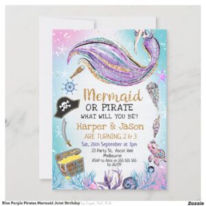 Blue Purple Pirates Mermaid Joint Birthday Invitation