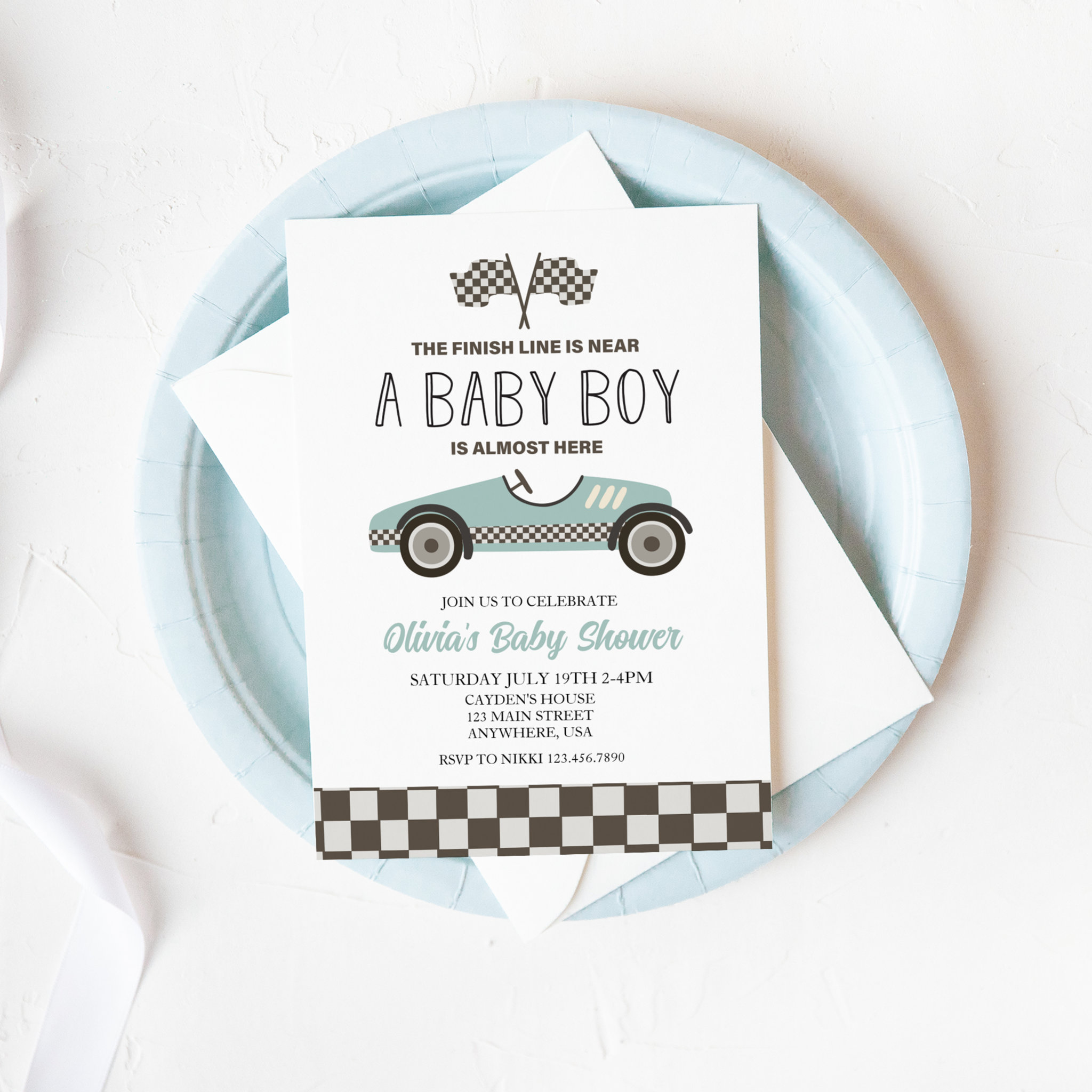 blue Race Car Baby Shower Invitation
