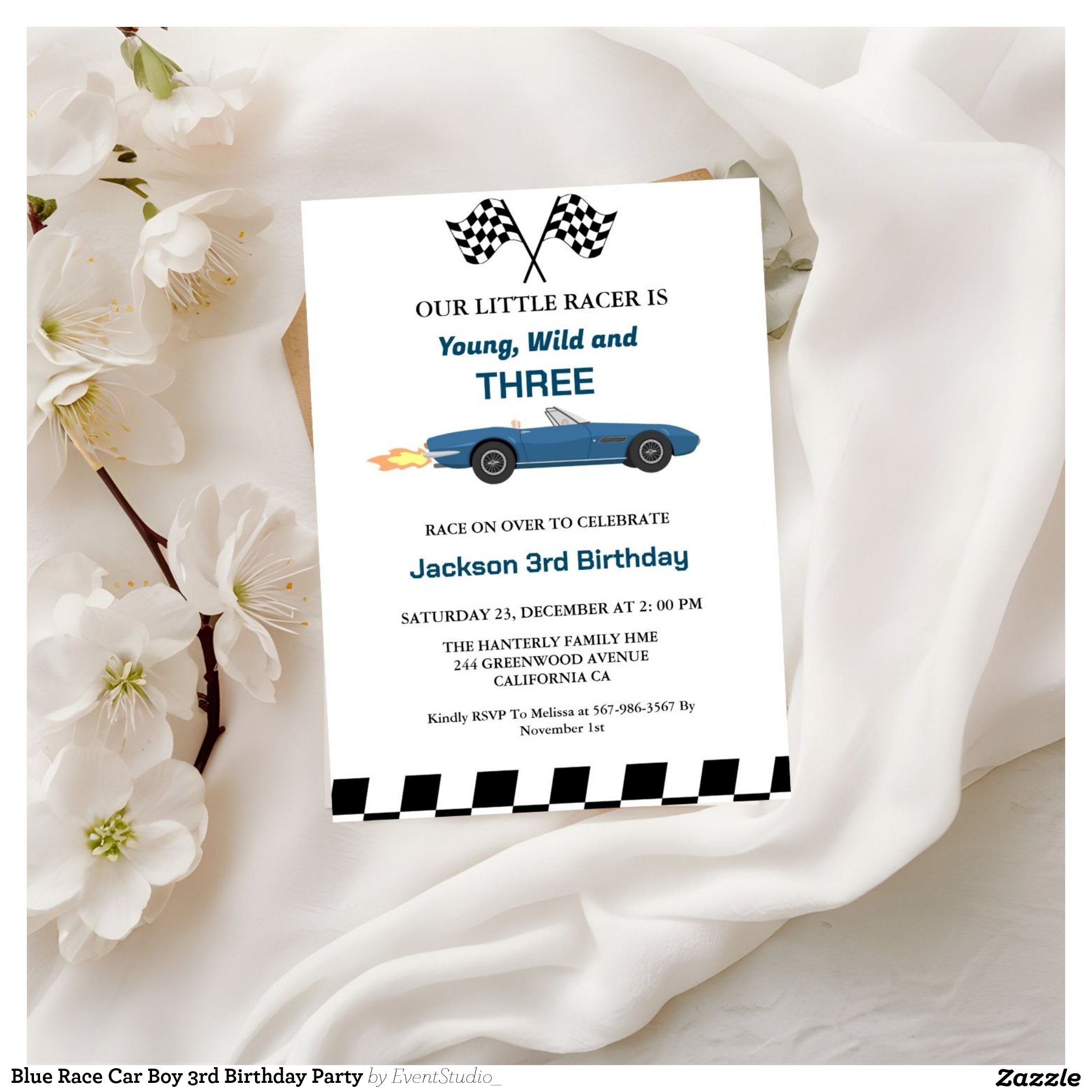 Blue Race Car Boy 3rd Birthday Party Invitation