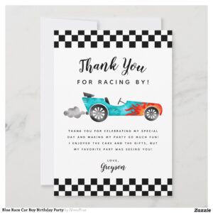 Blue Race Car Boy Birthday Party Thank You Card