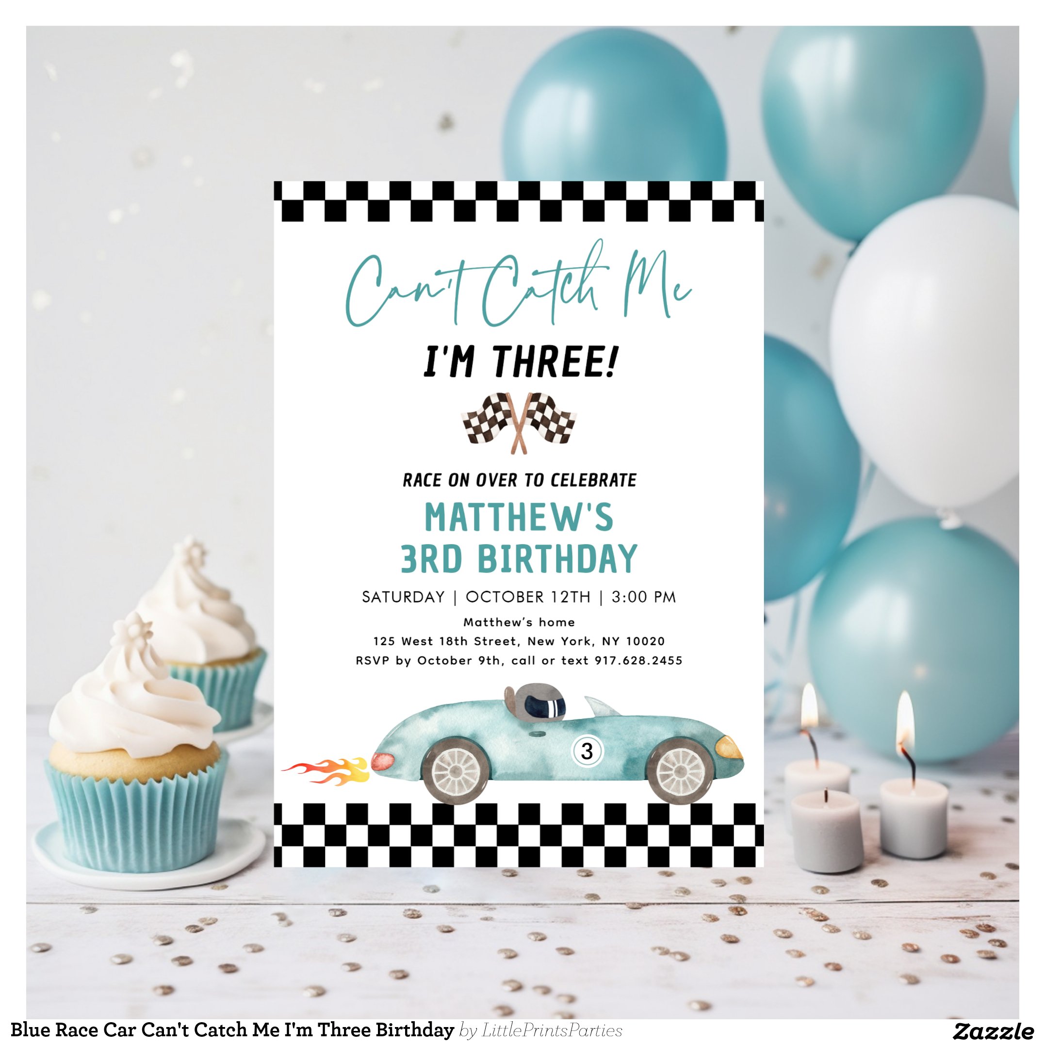 Blue Race Car Can't Catch Me I'm Three Birthday Invitation