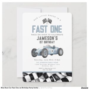 Blue Race Car Fast One 1st Birthday Party Invite