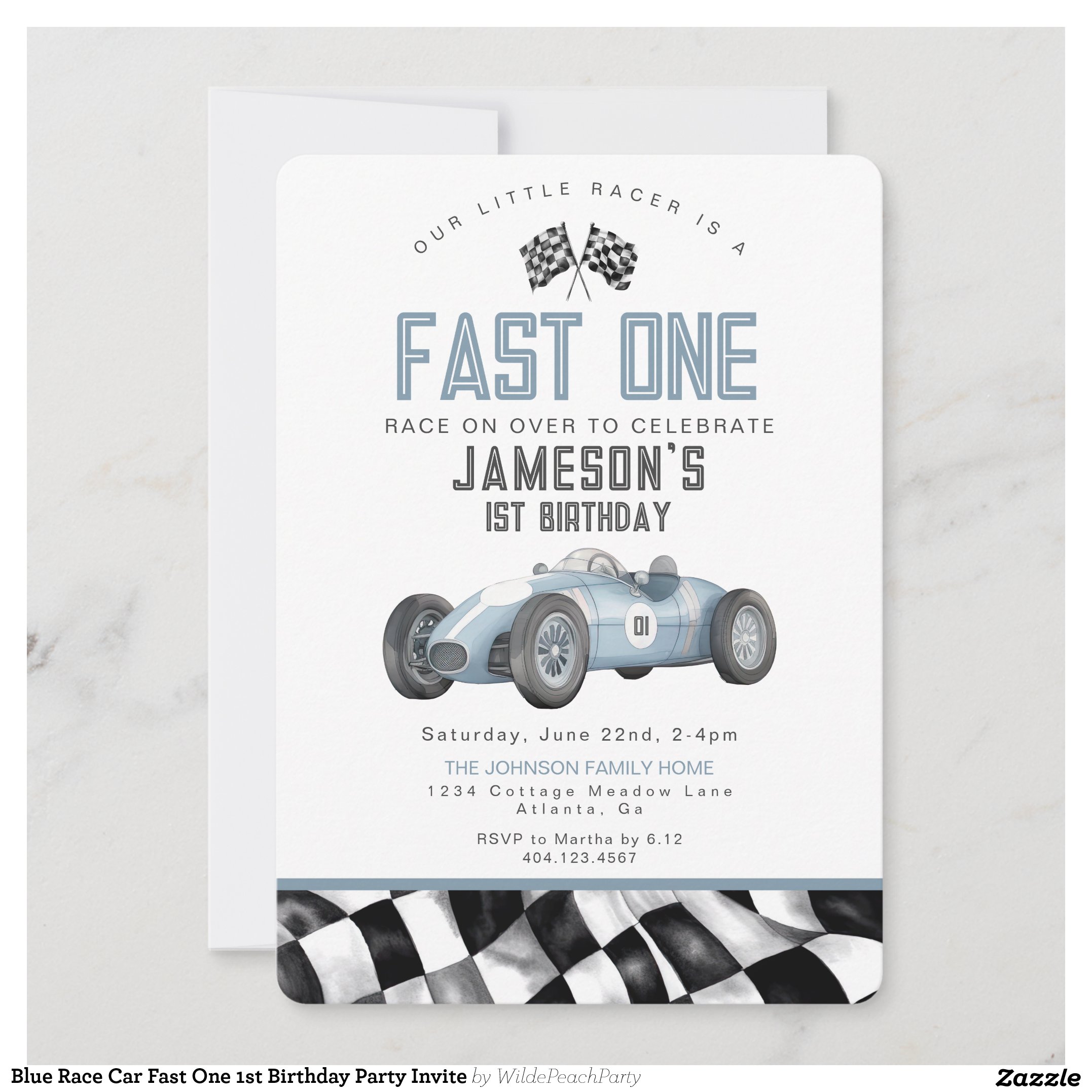 Blue Race Car Fast One 1st Birthday Party Invite