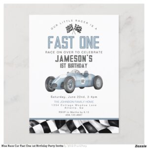 Blue Race Car Fast One 1st Birthday Party Invite
