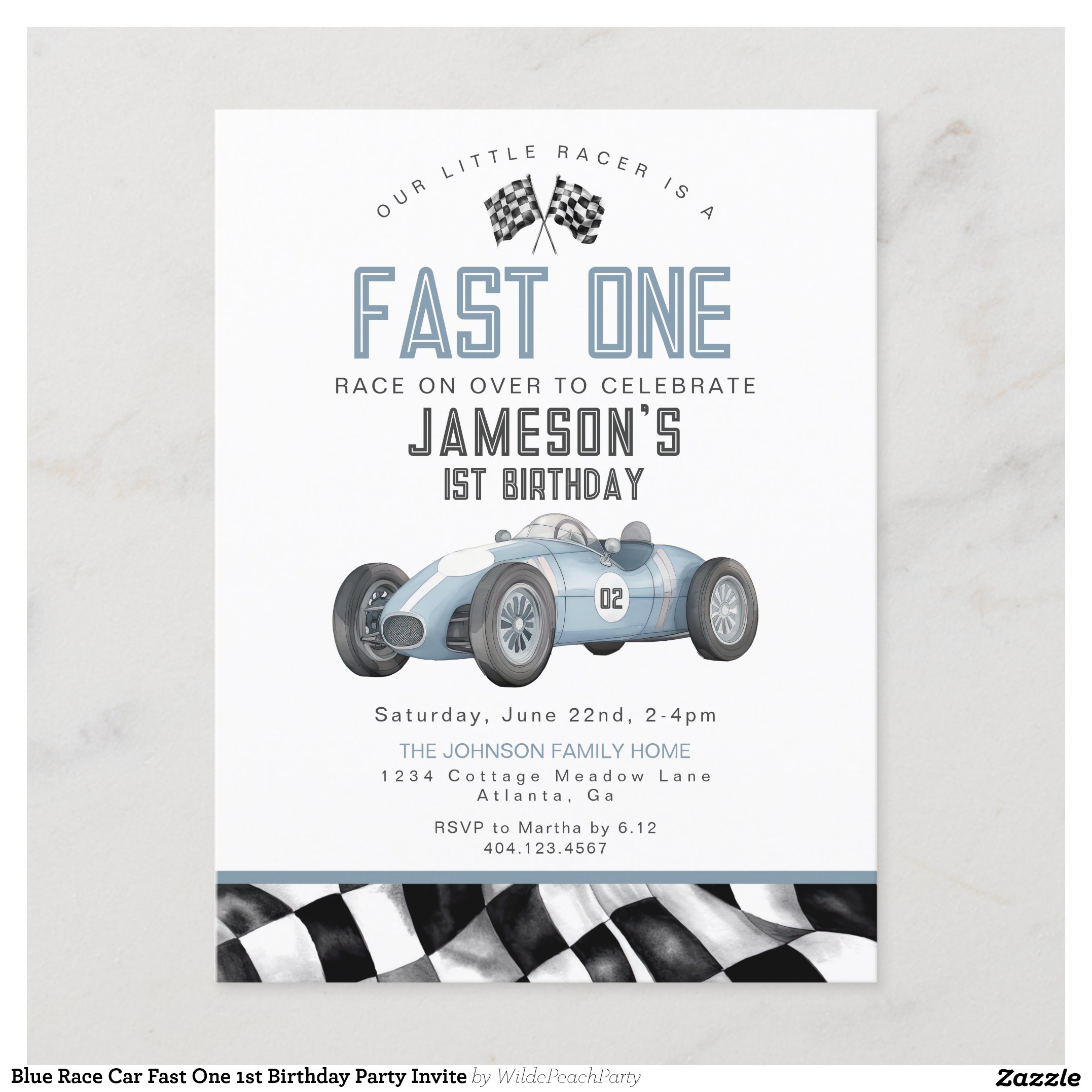 Blue Race Car Fast One 1st Birthday Party Invite