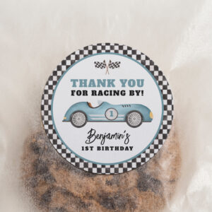Blue Race Car Fast One Boy Birthday Party Classic Round Sticker