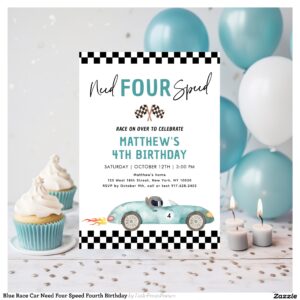 Blue Race Car Need Four Speed Fourth Birthday Invitation