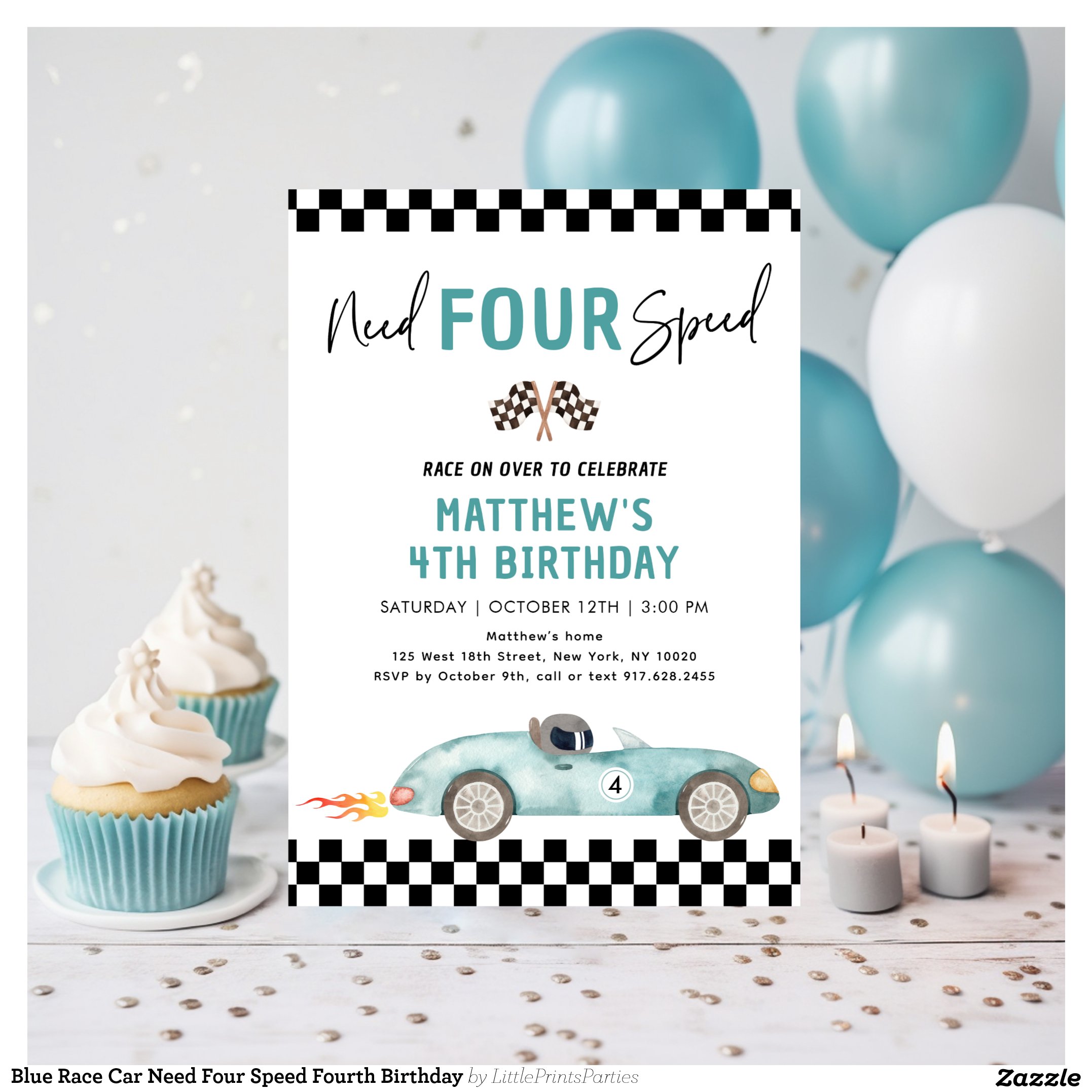 Blue Race Car Need Four Speed Fourth Birthday Invitation
