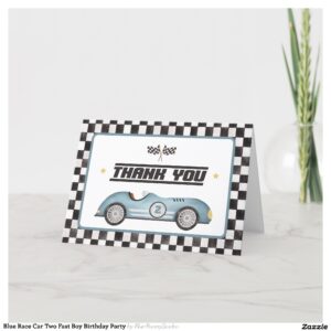 Blue Race Car Two Fast Boy Birthday Party Thank You Card
