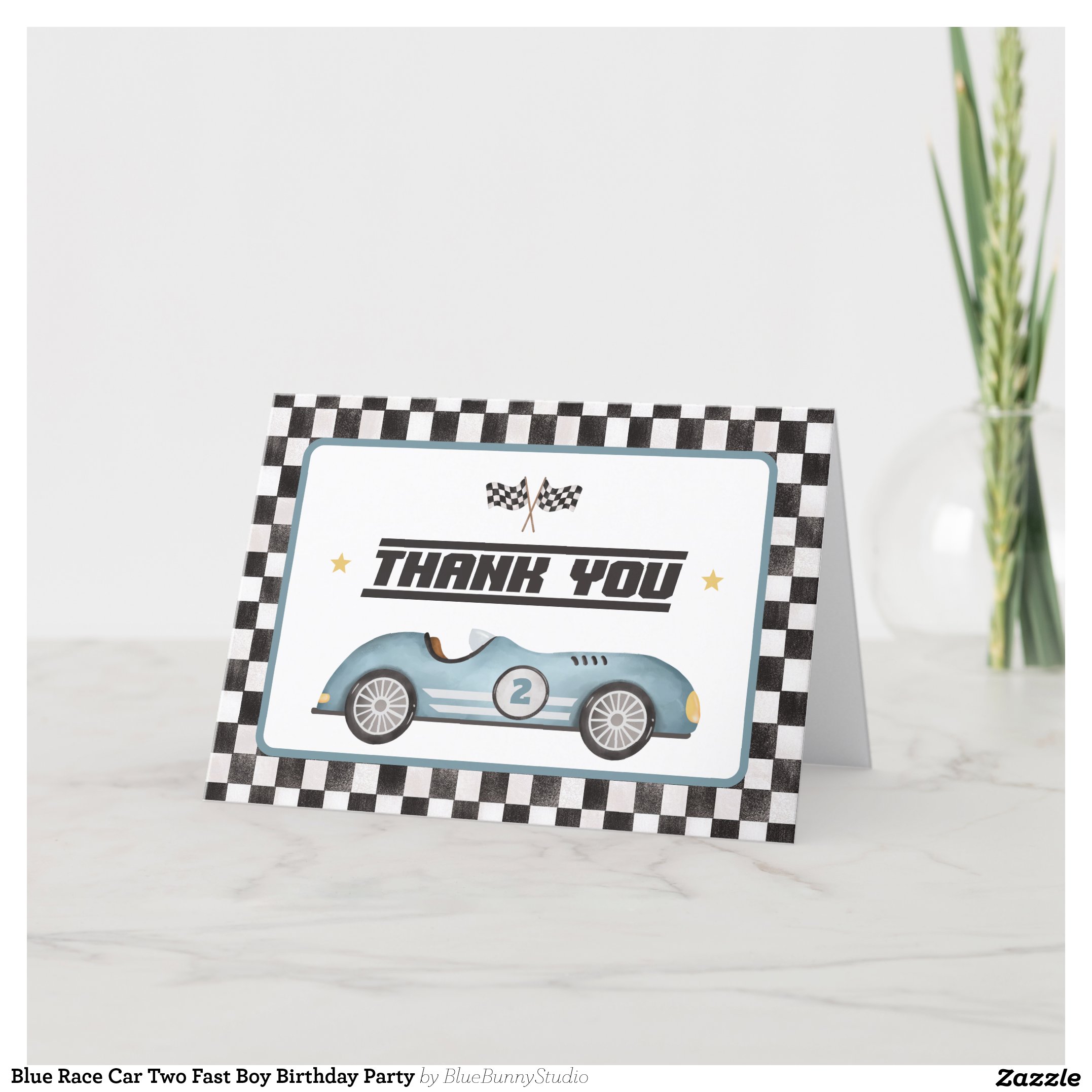 Blue Race Car Two Fast Boy Birthday Party Thank You Card