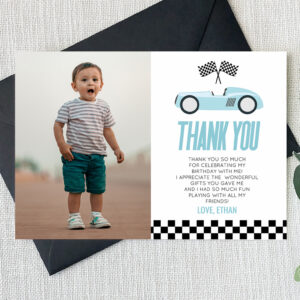Blue Racecar Race Car Custom Photo Birthday Party Thank You Card