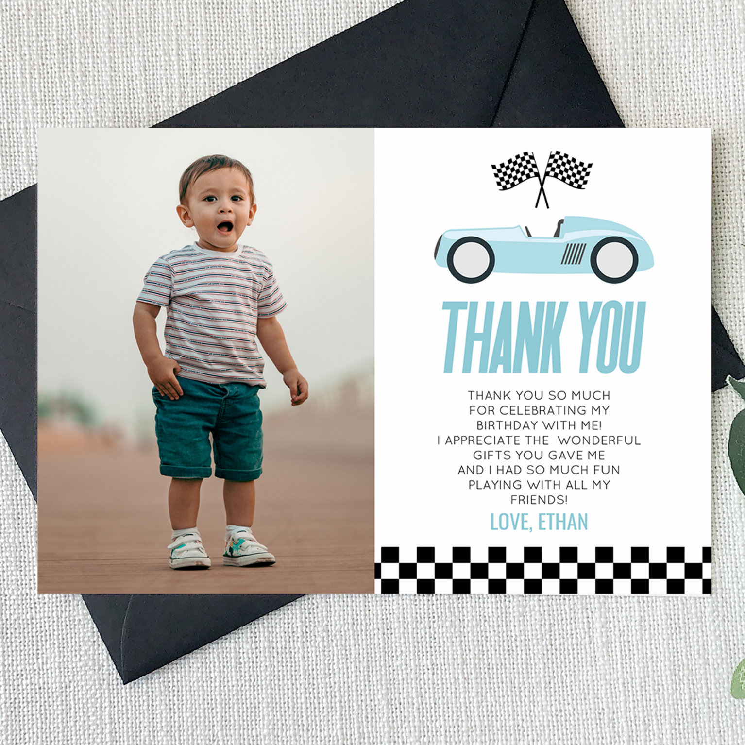 Blue Racecar Race Car Custom Photo Birthday Party Thank You Card