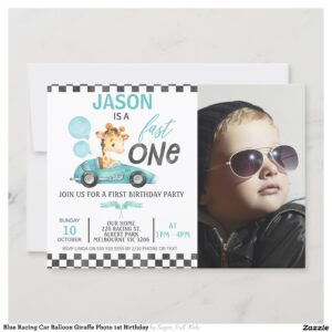 Blue Racing Car Balloon Giraffe Photo 1st Birthday Invitation