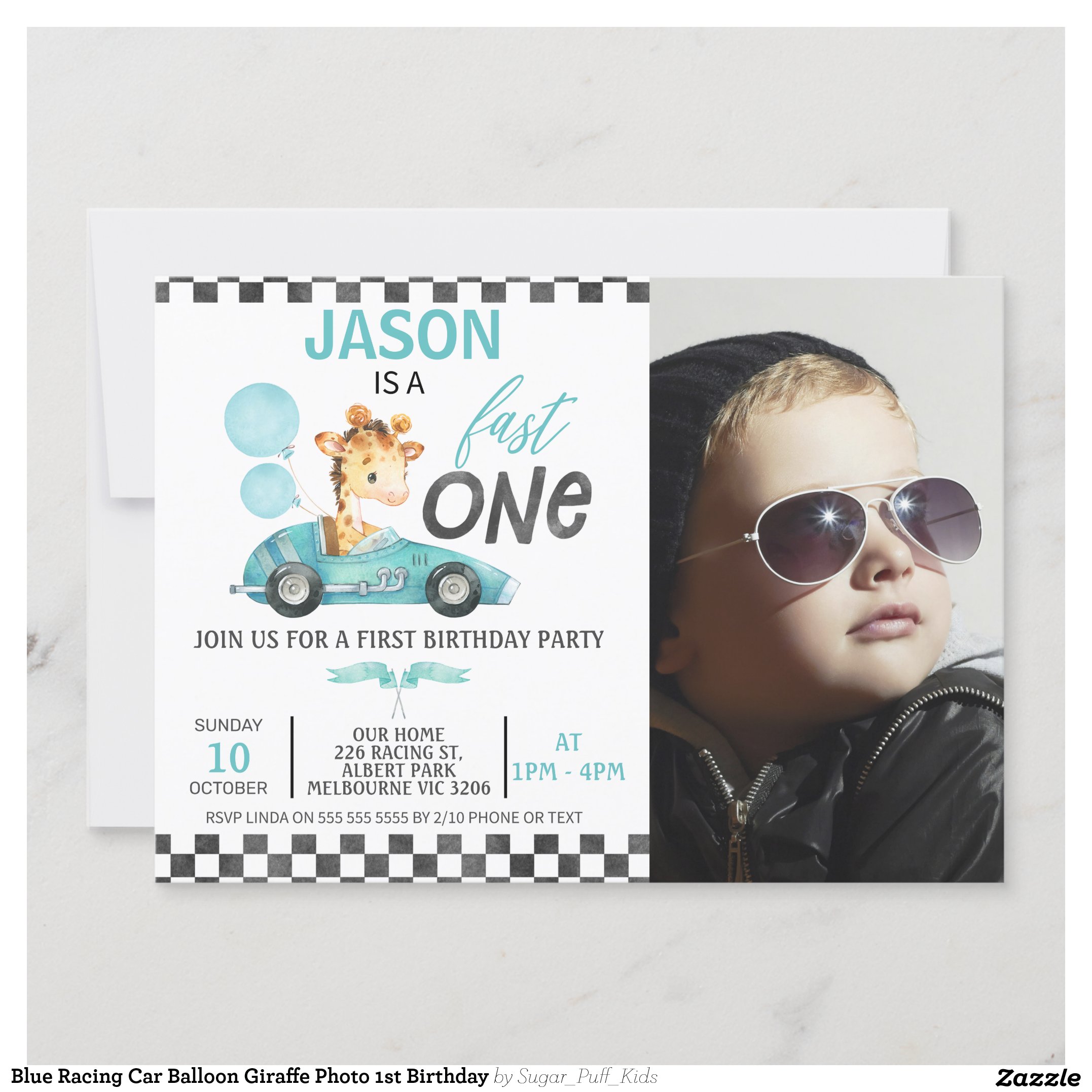 Blue Racing Car Balloon Giraffe Photo 1st Birthday Invitation
