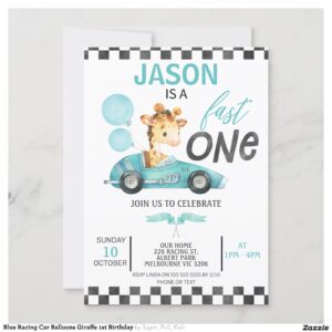 Blue Racing Car Balloons Giraffe 1st Birthday Invitation