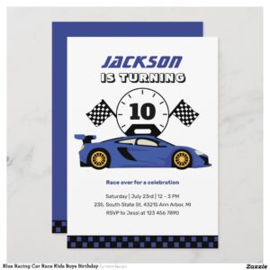 Blue Racing Car Race Kids Boys Birthday Invitation
