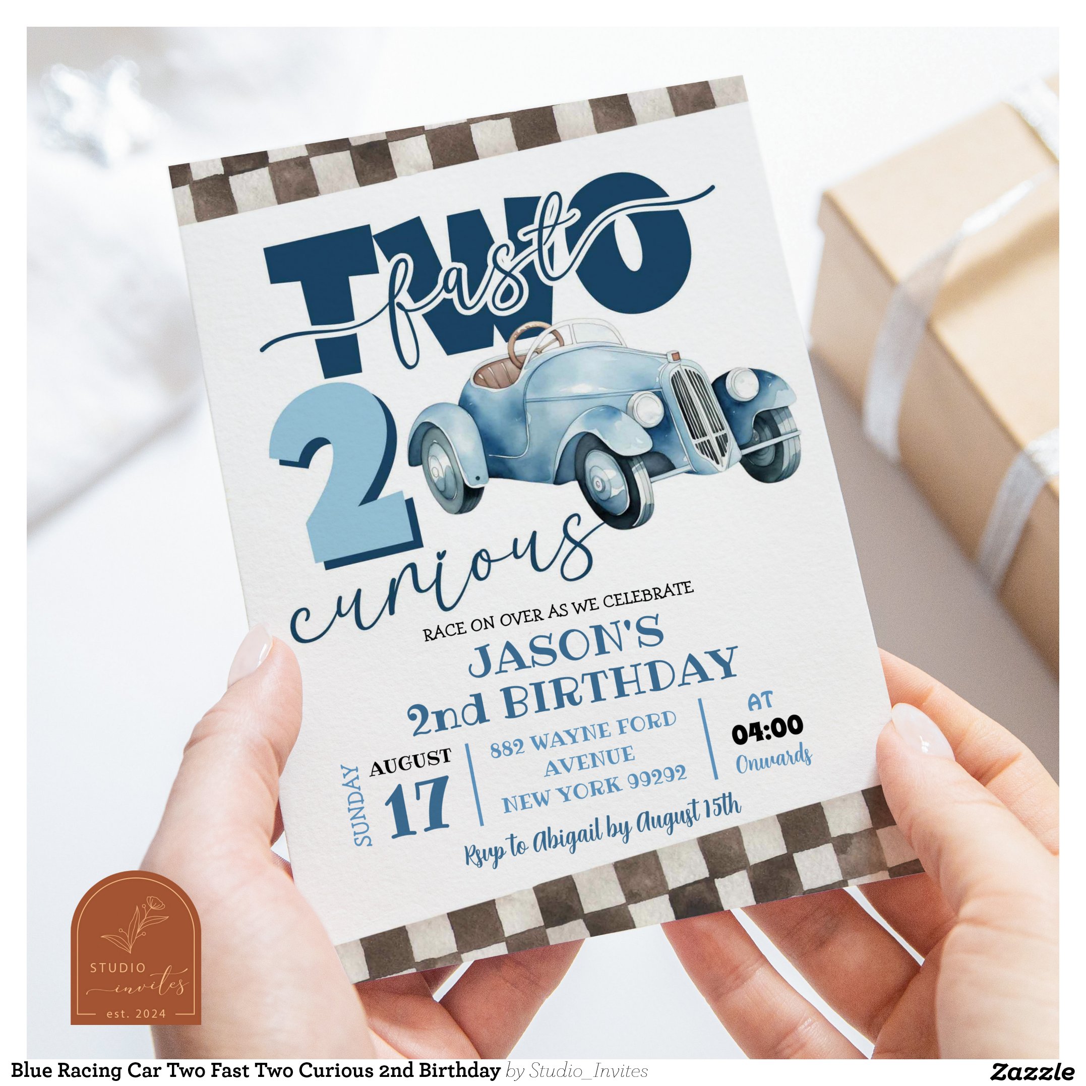 Blue Racing Car Two Fast Two Curious 2nd Birthday Invitation