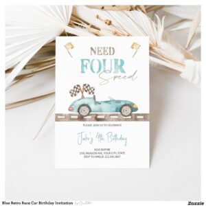 Blue Retro Race Car Birthday Invitation