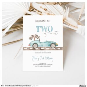 Blue Retro Race Car Birthday Invitation