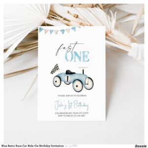Blue Retro Race Car Ride-On Birthday Invitation