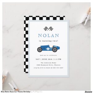 Blue Retro Race Car Theme Birthday Invitation