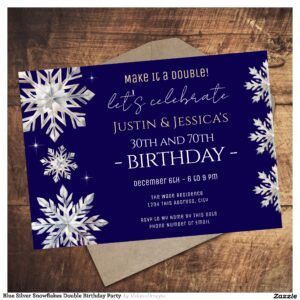 Blue Silver Snowflakes Double Birthday Party Invitation