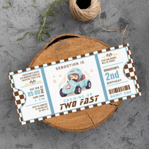 Blue Two Fast Race Car Ticket Pass Second Birthday Invitation